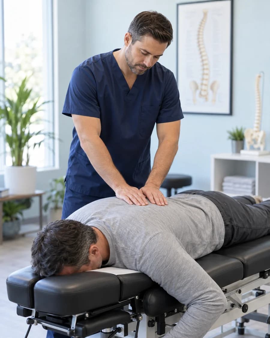 Chiropractor examining a patient’s upper back in a bright clinic